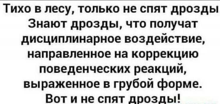 Тихо в лесу только не спят дрозды Знают дрозды что получат дисциплинарное воздействие направленное на коррекцию поведенческих реакций выраженное в грубой форме Вот и не спят дрозды