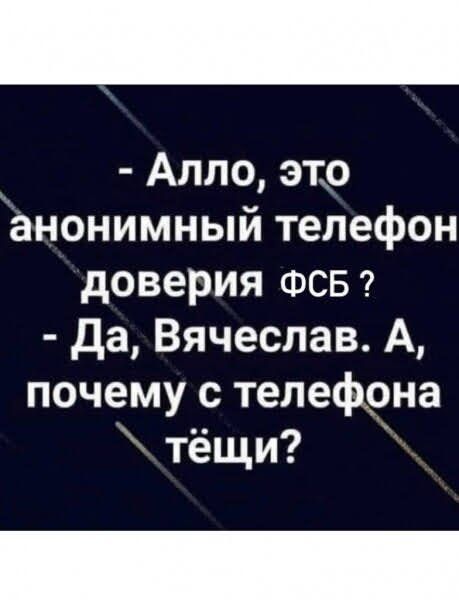 Алло это анонимный телефон доверия ФСБ да Вячеслав А почему с телефона тёщи
