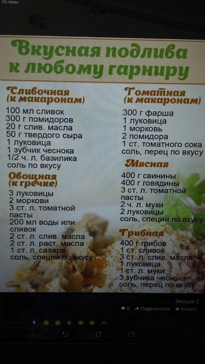 комы Вкусная подливая 100 мл сливок 300 г помидоров 20 г слив масла 50 г твердого сыра 1 луковица 1 зубчик чеснока 12 чл базилика соль по вкусу ПСО 3 луковицы 2 моркови 3 ст л томатной пасты 200 мл воды или сливок 2 ст л слив 2 стл раст 1 ст л са соль сп к любому тарниру к _ 300 г фарша 1 луковица 1 морковь 2 помидора 1 ст томатного сока соль перец по вкусу в щщ 400 г свинины _ 400 г говядины _ 3 