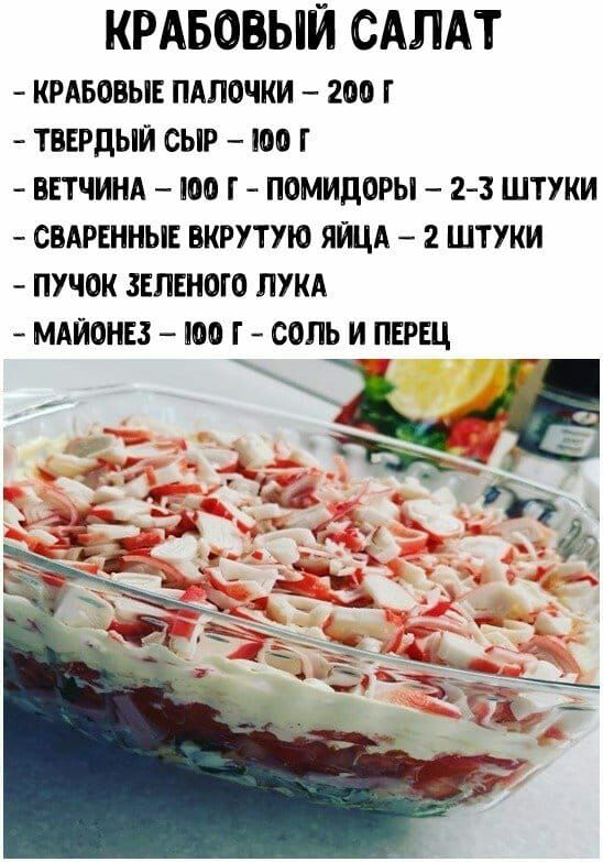 КРАБОВЫЙ САЛАТ КРАБОВЫЕ ПАПОЧКИ 200 Г ТВЕРДЫЙ СЫР 100 Г ВЕТЧИНА ГОО Г ПОМИДОРЫ 23 ШТУКИ СВАРЕННЫЕ ВКРУТУЮ ЯЙЦА 2 ШТУКИ ПУЧОК ЗЕЛЕНОГО ЛУКА МАЙОНЕЗ ГОО Г СОЛЬ И ПЕРЕЦ