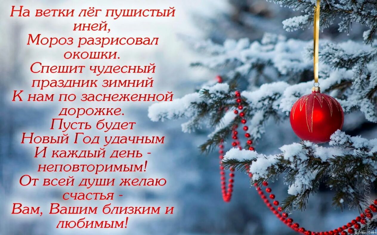 На ветки лёг пушистый иней Мороз разрисовал окошки Спешит чудесный праздник зимний К нам по заснеженной дорожке Пусть будет Новый Год удачным И каждый день неповторимым От всей души желаю счастья Вам Вашим близким и любимым А