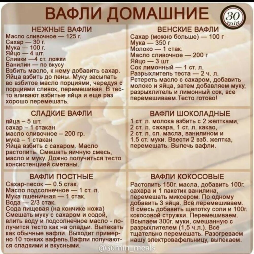МАШНИЕ НЕЖНЫЕ ВАФЛИ ВЕНСКИЕ ВАФЛИ Масло смешное 125 г Сахар можно больше 100 г Сахар 30 п Мука 350 г Мука _ 100 П Молоко 1 стак ЯИЧО _ 4 ШТ Масло сливочное 200 г Сливки 4 ст ложки Яйцо __ 3 шт Ванилин ПО вкусу Взбить масло к нему добавить сахар Яйца взбить до пены Муку засыпать во взбитое масло порциями чередуя порциями сливок перемешивая В тес то вливают взбитые яйца и еще раз хорошо перемешать С