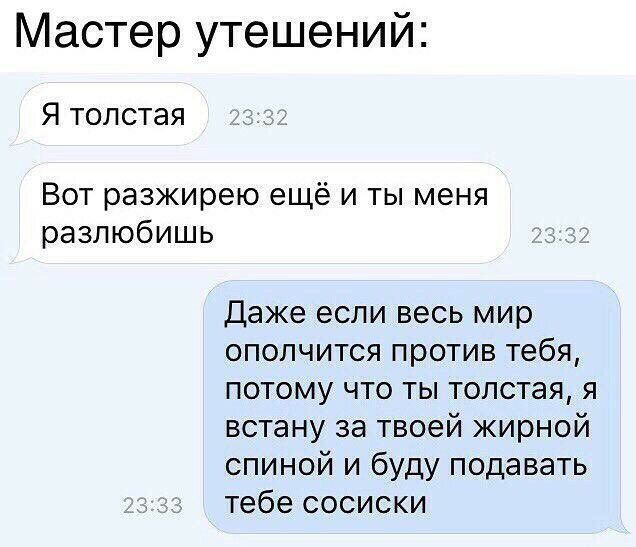 Мастер утешений Я толстая Вот разжирею ещё и ты меня разлюбишь Даже если весь мир ополчится против тебя потому что ты толстая я встану за твоей жирной спиной и буду подавать тебе сосиски