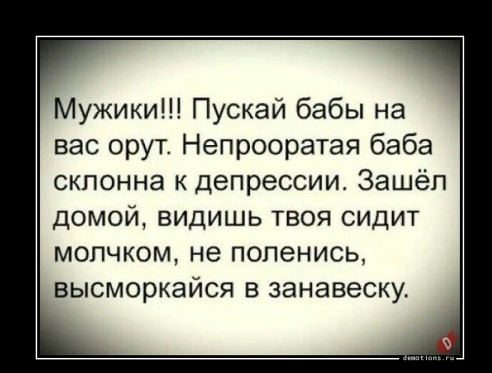 Мужики Пускай бабы на вас орут Непрооратая баба склонна к депрессии Зашёл домой видишь твоя сидит мопчком не попенись высморкайся в занавеску