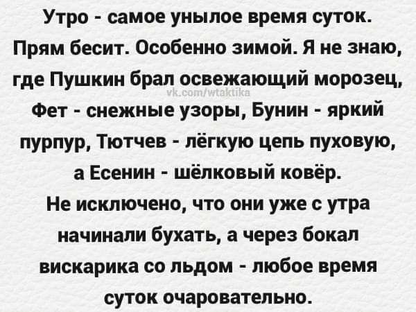 Утро самое унылое время суток Прям бесит Особенно зимой Я не знаю где Пушкин брал освежающий морозец Фет снежные узоры Бунин яркий пурпур Тютчев лёгкую цепь пуховую а Есенин шёлковый ковёр Не исключено что они уже с утра начинали бухать а через бокал вискарика со льдом любое время суток очаровательно