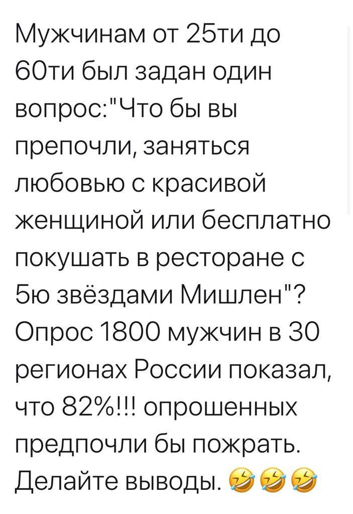 Мужчинам от 25ти до бОти был задан один вопросЧто бы вы препочли заняться любовью с красивой женщиной или бесплатно покушать в ресторане с бю звездами Мишлен Опрос 1800 мужчин в 30 регионах России показал что 82 опрошенных предпочли бы пожрать Делайте выводы 9 е