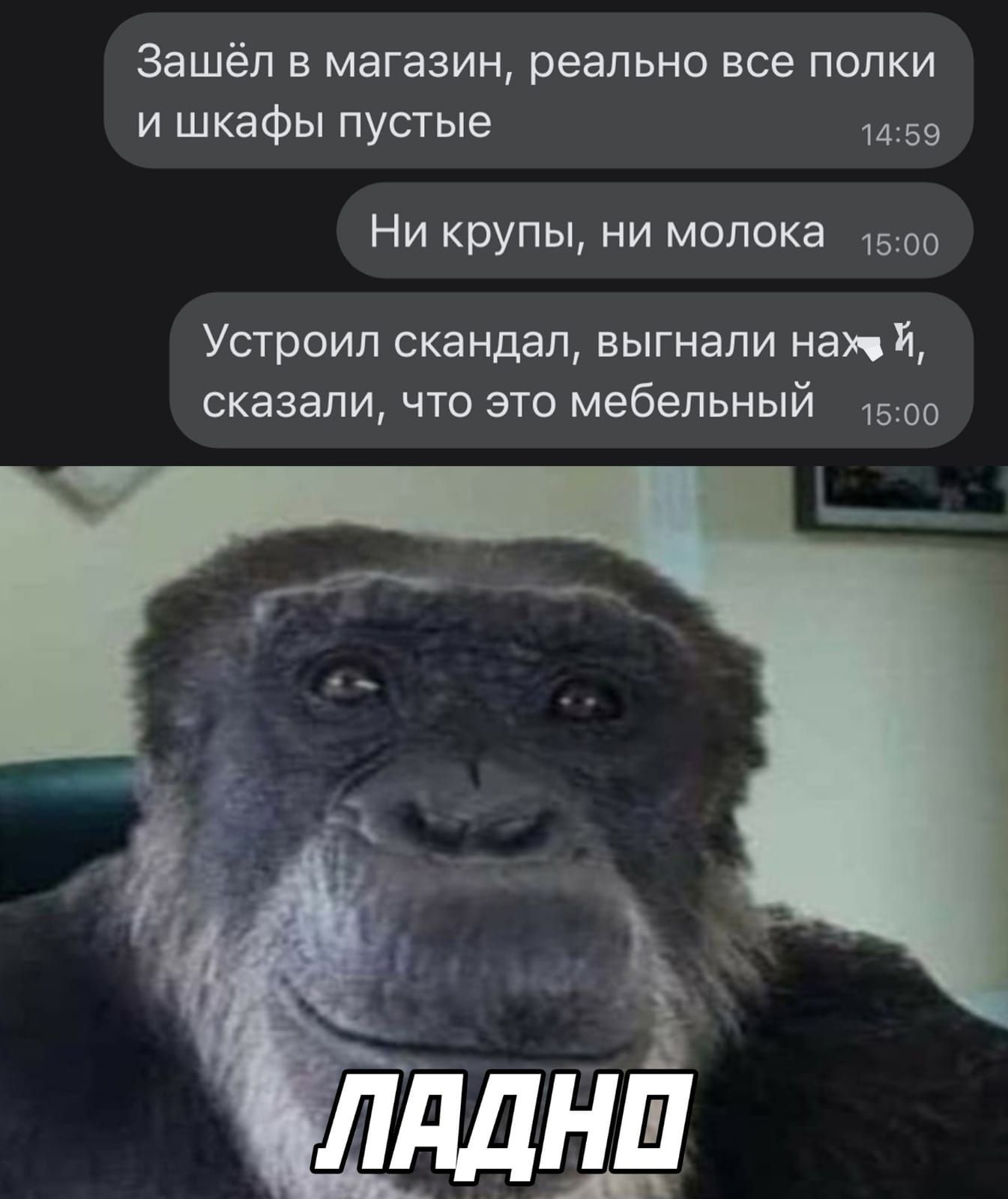 Зашёл в магазин реально все полки и шкафы пустые 1459 Ни крупы ни молока 1500 Устроил скандал выгнали нам И сказали что это мебельный 1500