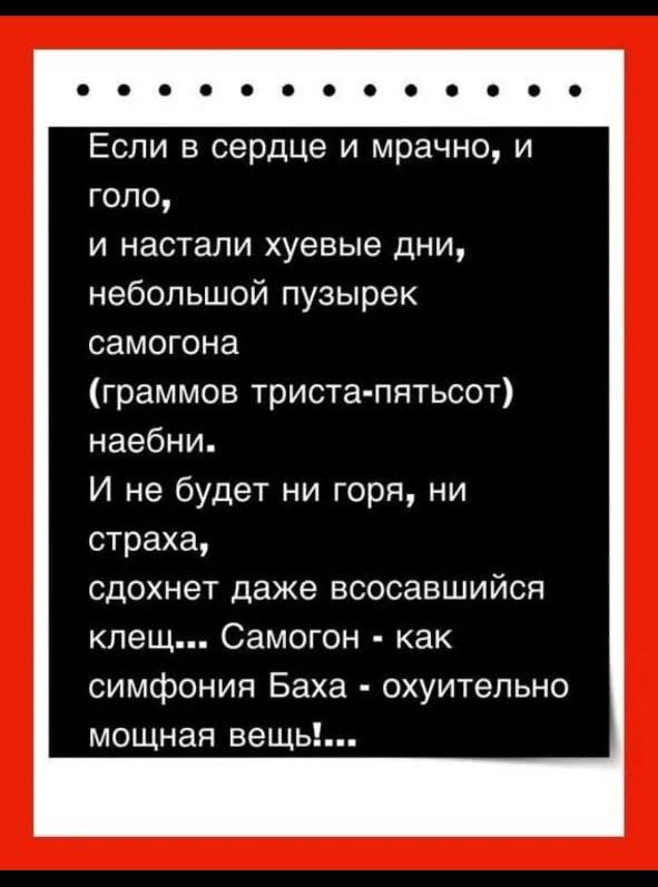 Если в сердце и мрачно и голо и настали хуевые дни небольшой пузырек самогона граммов триста пятьсот наебни И не будет ни горя ни страха сдохнет даже всосавшийся клещ Самогон как симфония Баха охуитепьно мощная вещь