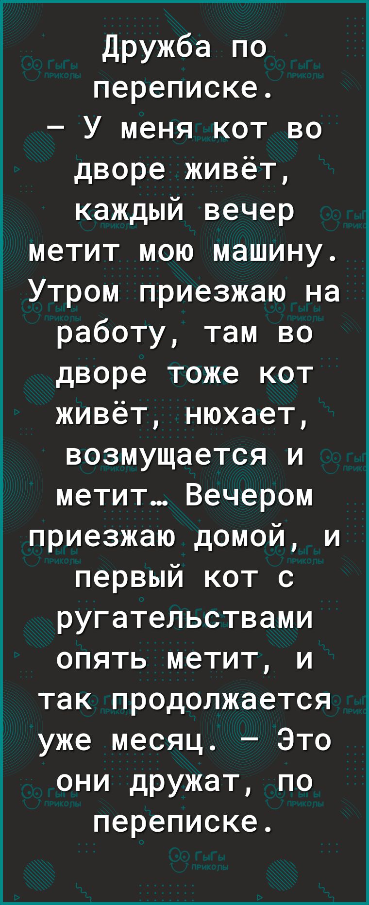 Дружба по переписке У меня кот во дворе живёт каждый вечер метит мою машину Утром приезжаю на работу там во дворе тоже кот живёт нюхает возмущается и метит Вечером приезжаю домой и первый кот с ругательствами опять метит и так продолжается уже месяц Это они дружат по переписке