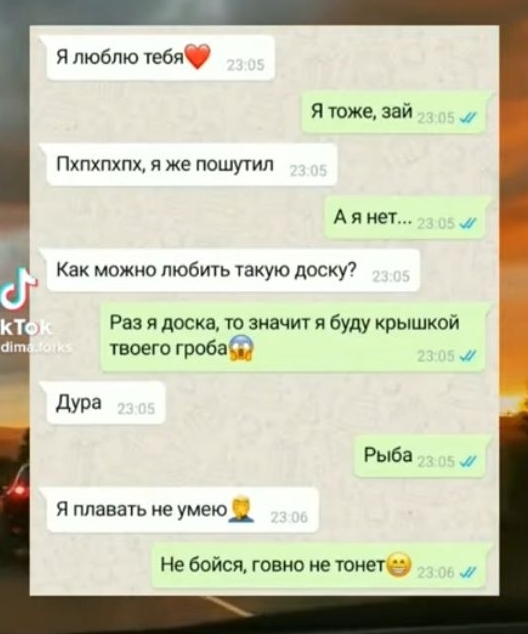 Я люблю тебя Я тоже зай Пхпхпхпх я же пошутил Аянет Как можно любить такую доску Раз я доска то значит я буду крышкой твоего гробаб Дура Я плавать не умею Не бойся говно не тонету
