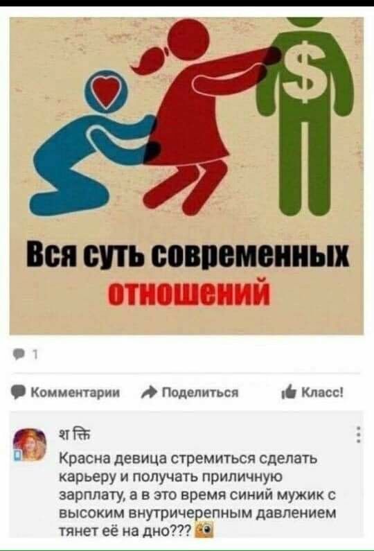 Вся ть совпоиоииш Класс Комментарии Поделиться эт _ С Красна девица стремиться сделать карьеру и получать приличную зарплату в в это время синий мужик с высоким внутричерепным давлением тянет её на дно чз