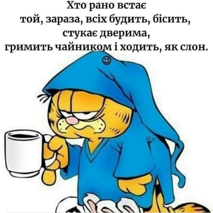 Хто рано встав той зараза всіх будить бісить стукае дверима гримить чайника і ходить як слон
