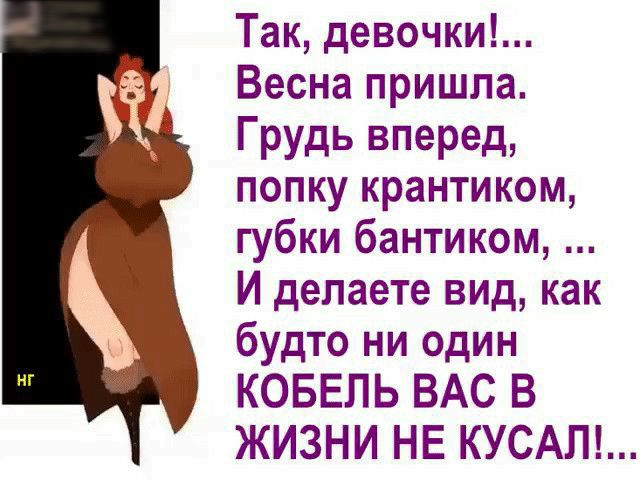 Так девочки Весна пришла Грудь вперед попку крантиком губки бантиком И делаете вид как будто ни один КОБЕПЬ ВАС В ЖИЗНИ НЕ КУСАП