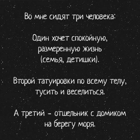 Во мне сидят три квтвекаі Один хочет спокойную размеренную жизнь семья детишки Второй татуировки по всему телу тусить и веселиться А третий отшельник с домиком на берегу моря