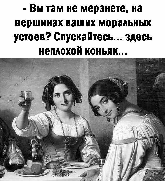 Вы там не мерзнете на вершинах ваших моральных устоев Спускайтесь здесь неплохой коньяк