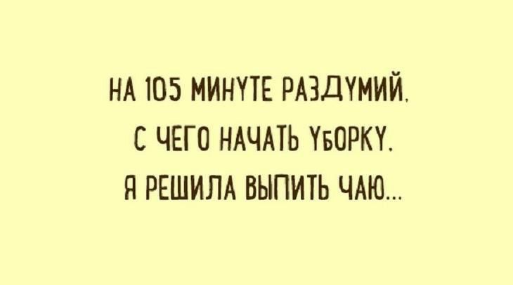 НА 105 МИНУТЕ РАЗДУМИЙ С ЧЕГО НАЧАТЬ УБОРКУ П РЕШИЛА ВЫПИТЬ ЧАЮ