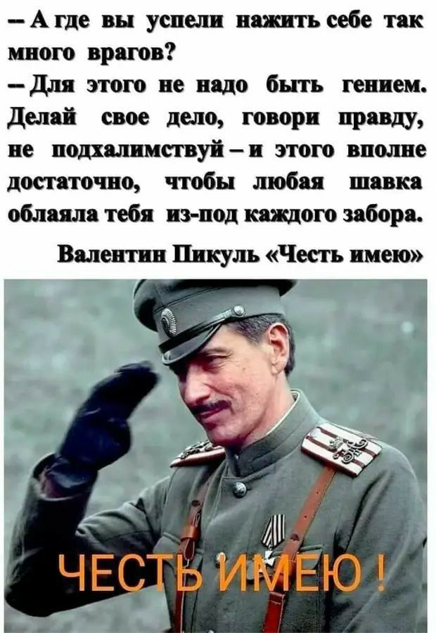 Агде вы успели нажить себе так много врагов Для этого не надо быть гением делай свое дело говори правду не подхшмствуйи этого вполне достаточно чтобы любая шавка облаяла тебя из нод каждого забора Валентин Пикуль Честь имею