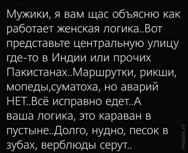 Мужики я вам щас объясню как работает женская погикаВот представьте центральную улицу гдето в Индии или прочих Пакистанахаршрутки рикши мопедысуматоха но аварий НЕТВсё исправно едетА ваша логика это караван в пустынедопго нудно песок в зубах верблюды серут