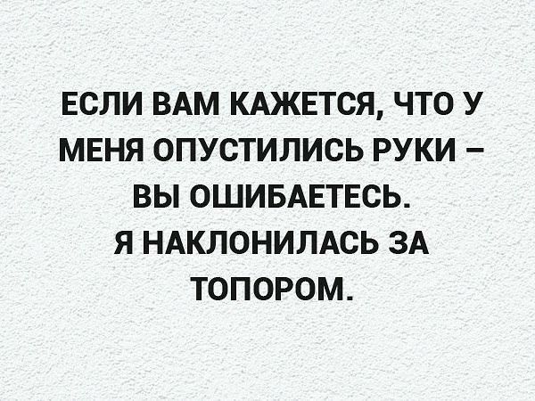 ЕСЛИ ВАМ КАЖЕТСЯ ЧТО У МЕНЯ ОПУСТИЛИСЬ РУКИ ВЫ ОШИБАЕТЕСЬ Я НАКЛОНИЛАСЬ ЗА ТОПОРОМ