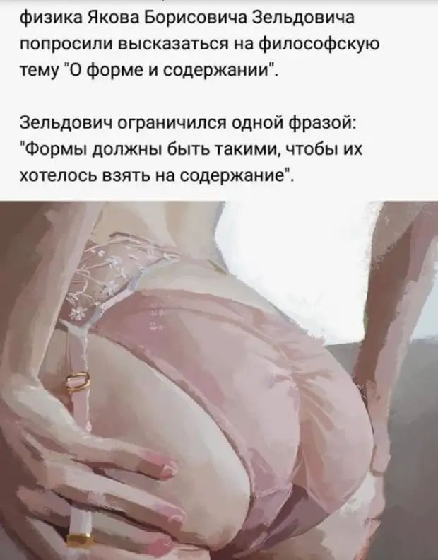 физика Якова Борисовича Зельдовича попросили высказаться на философскую тему 0 форме и содержании Зельдович ограничился одной фразой Формы должны быть такими чтобы их хотелось взять на содержание