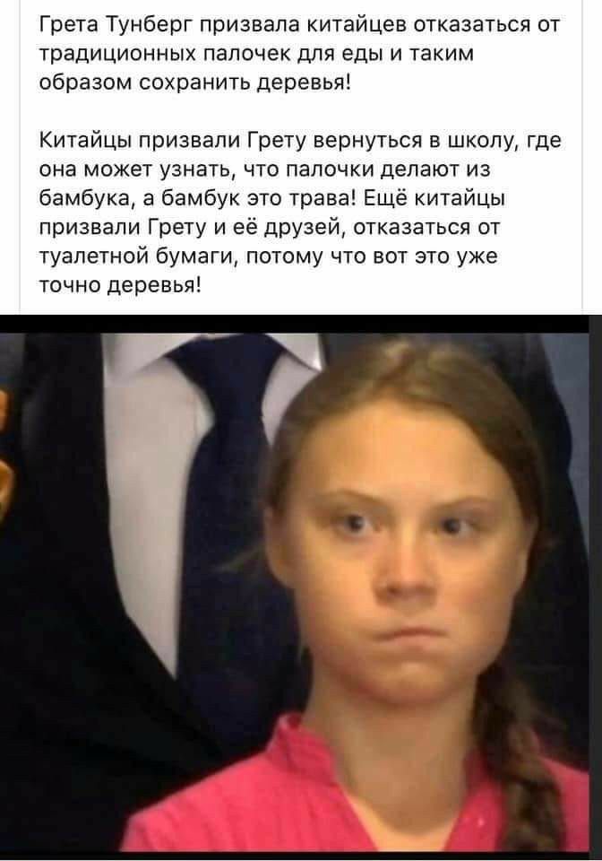 Грета Тунберг призвала китайцев отказаться от традиционных папочек для еды и таким образом сохранить деревья Китайцы призвали Грету вернуться в школу где она может узнать что папочки делают из бамбука а бамбук зто трава Ещё китайцы призвали Грету и её друзей отказаться от туалетной бумаги потому что вот это уже точно деревья