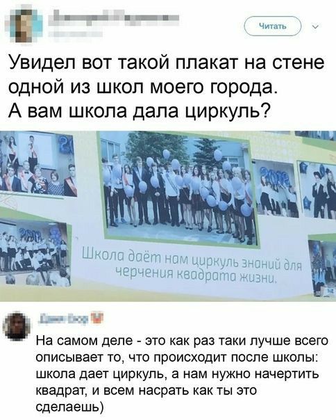 1 _ ч Увидел вот такой плакат на стене одной из школ моего города А вам школа дала циркуль На самом деле это как раз таки пучше всего описывает то что происходит после школы школа дает циркуль а нам нужно начертить квадрат и всем насрать как ты это сделаешь