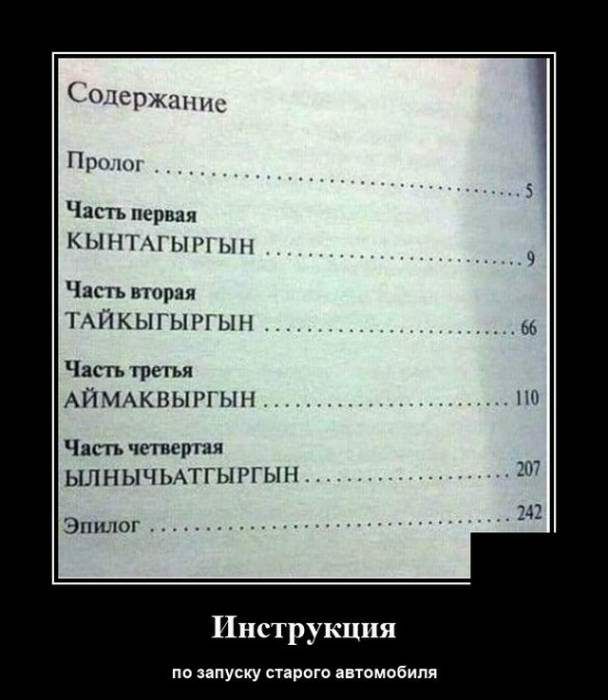 держит Прин Часть первая КЫН ЫР ЫП Часть вторая мйкы гыи ым Часть трегья АЙМАКВЫРГЫН Членчетверти ЫЛНЫЧЬАТГЫРГЫН Эпилог Инструкция по запуску старого птомобипя