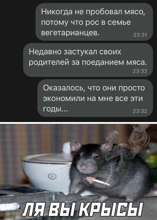 Никогда не пробовал мясо потому что рос в семье вегетарианцев 2331 Недавно застукал своих родителей за поеданием МЯСЭ 2332 ОКЗЗЭЛОСЬ ЧТО ОНИ просто ЭКОНОМИПИ на мне все ЭТИ годы 2332