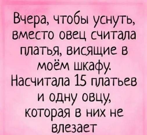 Вчера чтобы уснуть вместо овец считала платья висящие в моём шкафу Насчитала 15 платьев и одну овцу которая в них не влезает