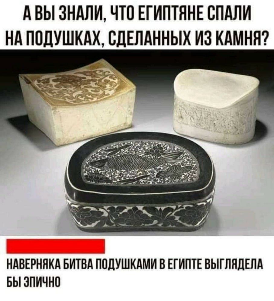 А ВЫ 3НАЛИ ЧТО ЕГИПТЯНЕ СПАЛИ НА ППЛУШКАХ СДЕЛАННЫХ ИЗ КАМНЯ НАВЕРНЯКА БИТВА ППЦУШКАМИ В ЕГИПТЕ ВЫГЛНЦЕЛА БЫ ЭПИЧНВ