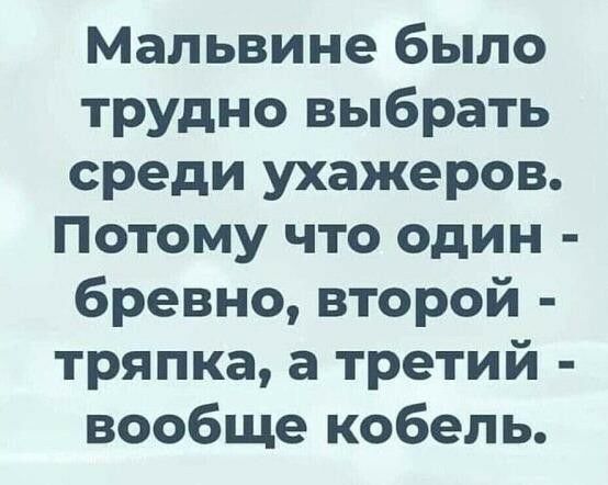 Мальвине было трудно выбрать среди ухажеров Потому что один бревно второй тряпка а третий вообще кобель