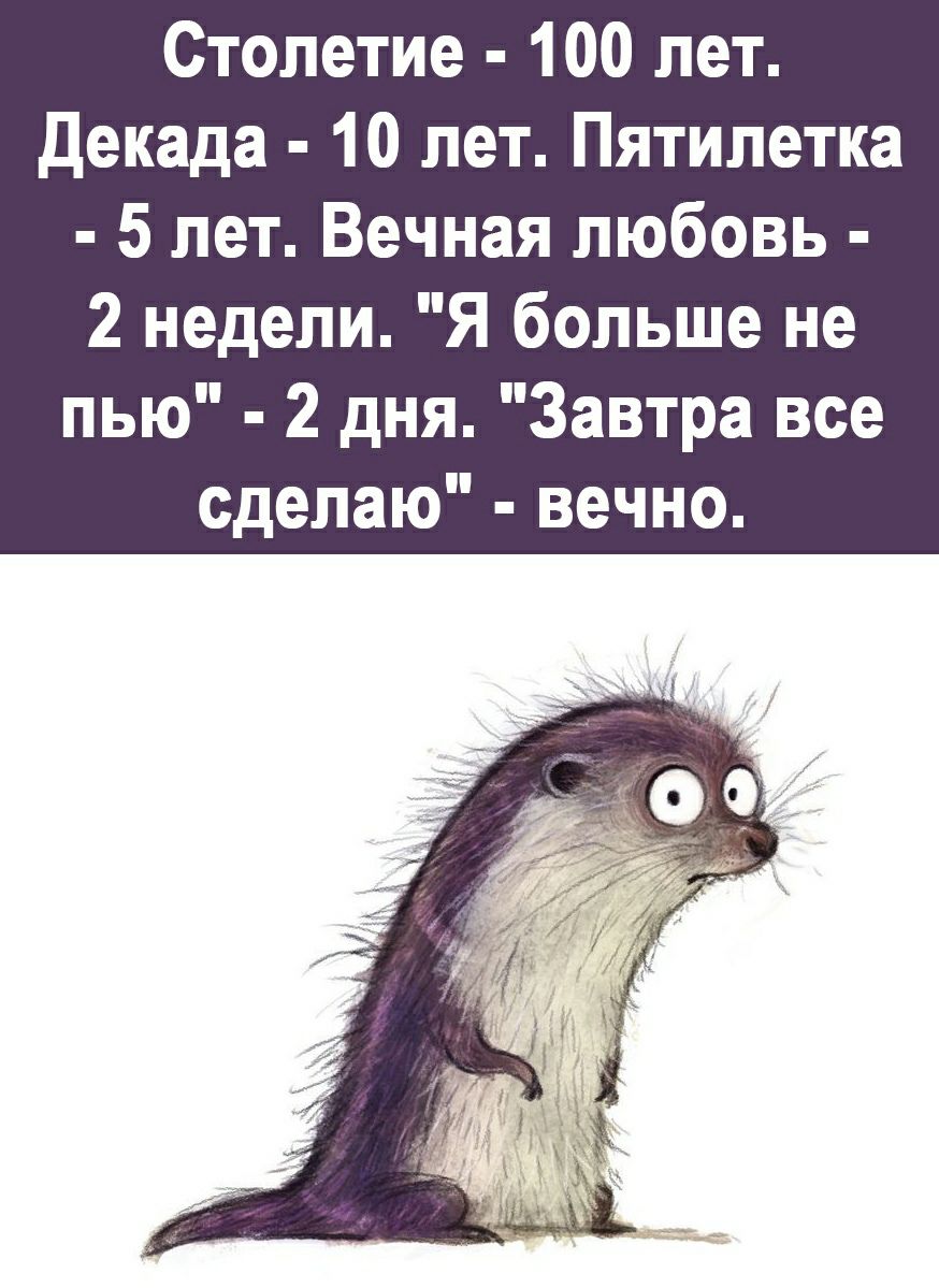 Столетие 100 лет декада 10 лет Пятилетка 5 лет Вечная любовь 2 недели Я больше не пью 2 дня Завтра все сделаю вечно