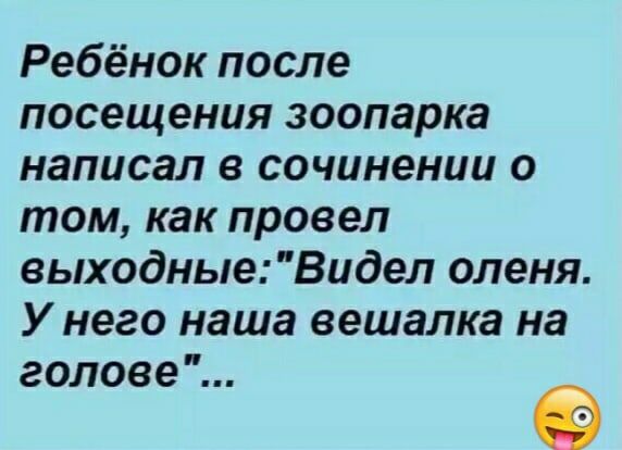 Ребёнок после посещения зоопарка написал в сочинении о том как провел выходныеВидел оленя У него наша вешалка на голове