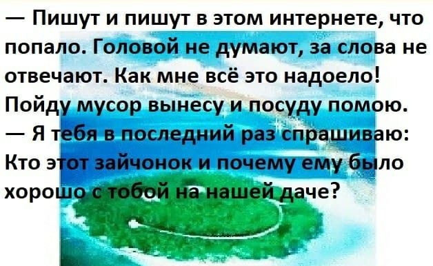 Пишут и пишут в этом интернете что попало Головой не думают за слова не отвечают Как мне всё это надоело Пойд мусор вынесу и посуду помою