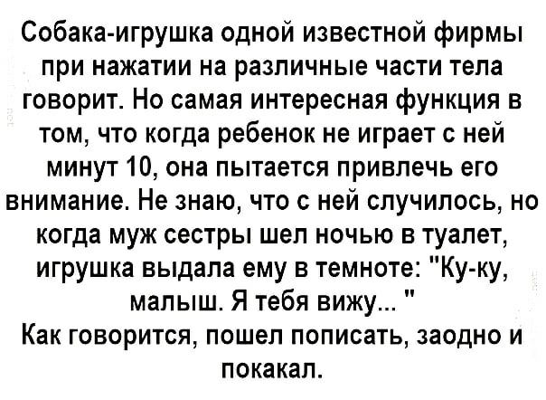 Собака игрушка одной известной фирмы при нажатии на различные части тела говорит Но самая интересная функция в том что когда ребенок не играет с ней минут 10 она пытается привлечь его внимание Не знаю что с ней случилось но когда муж сестры шел ночью в туалет игрушка выдала ему в темноте Ку ку малыш Я тебя вижу Как говорится пошел пописать заодно и покакал