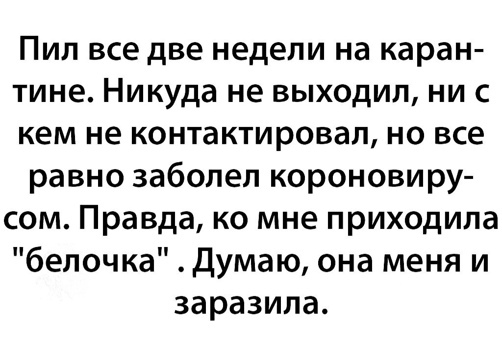 Пил все две недели на каран тине Никуда не выходил ни с кем не контактировал но все равно заболел короновиру сом Правда ко мне приходила белочка Думаю она меня и заразила