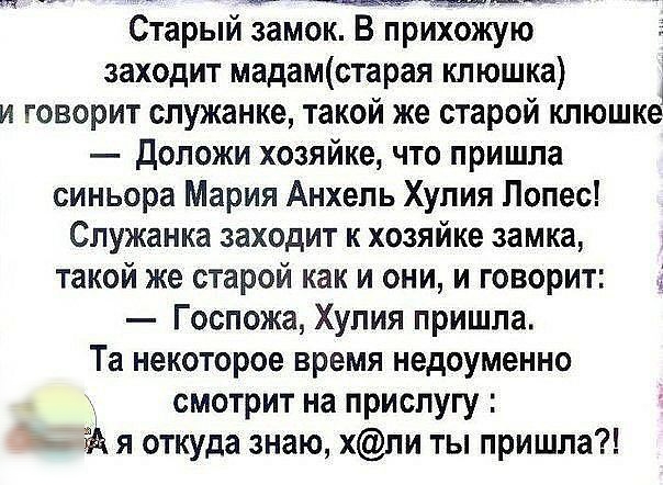 щт7_ Старый замок В прихожую заходит мадамстарая клюшка и говорит служанке такои же старои клюшке доложи хозяйке что пришла синьора Мария Анхель Хулия Лопес Служанка заходит к хозяйке замка такой же старой как и они и говорит Госпожа Хулия пришла Та некоторое время недоуменно смотрит на прислугу Ъ я откуда знаю хли ты пришла