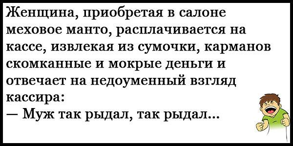 Женщина приобретая в салоне меховое манто расплачивается на кассе извлекая из сумочки7 карманов скомканные и мокрые деньги и отвечает на НСДОУМСННЫЙ ВЗГЛЯД кассира Муж так рыдал так рыдал