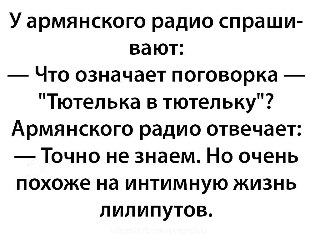 У армянского радио спраши вают Что означает поговорка Тютел ька в тютельку Армянского радио отвечает Точно не знаем Но очень похоже на интимную жизнь лилипутов