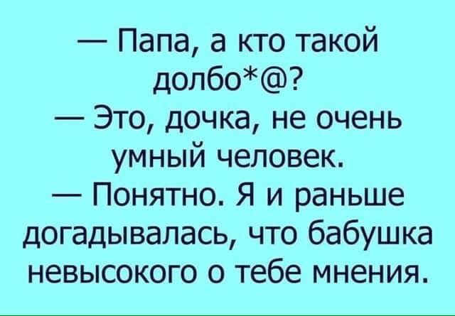 Папа а кто такой долбо Это дочка не очень умный человек Понятно Я и раньше догадывалась что бабушка невысокого о тебе мнения