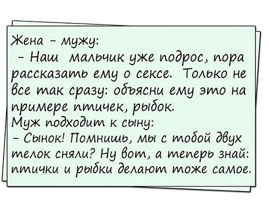 Жена мужу Наш мамэчик уже подрос пора рассказаид ему о сексе Гомжо не без так сразу объясни ему это на примере иилииек рыбок Муж подходит к сыну Сынок Помнишо мы с тобой дбух теАок стим Ну боуи а мелхерь знай имачка и рыбки делают тоже самое