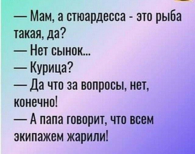 Мам а стюардесса зто рыба такая да Нет сынок Курица Да что за вопросы нет конечно А папа говорит что нсс экипажем жарили