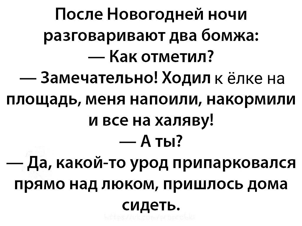 После Новогодней ночи разговаривают два бомжа Как отметил Замечательно Ходил к ёлке на площадь меня напоили накормили и все на халяву А ты Да какой то урод припарковался прямо над люком пришлось дома сидеть