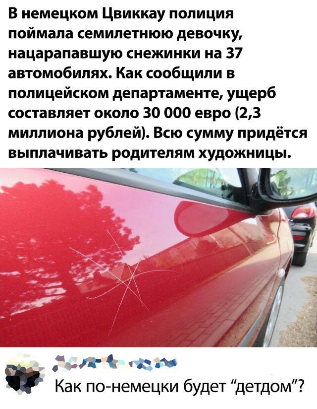 В немецком Цвиккау полиция поймала семилетнюю девочку нацарапавшую снежинки на 37 автомобилях Как сообщили в полицейском департаменте ущерб составляет около 30 000 евро 23 миллиона рублей Всю сумму придётся выплачивать родителям художницы А 1Ац Как по немецки будет детдом