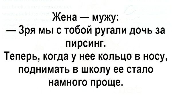 Жена мужу Зря мы с тобой ругали дочь за пирсинг Теперь когда у нее кольцо в носу поднимать в школу ее стало намного проще