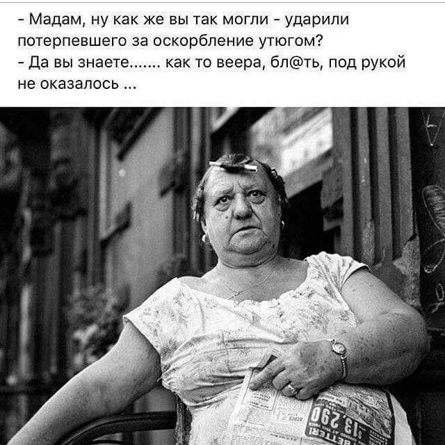 _ Мадам Ну как же ВЫ ТЭК МОГЛИ ударили потерпевшего за оскорбление утюгом Да вы знаете как то веера бпть под рукой не оказалось