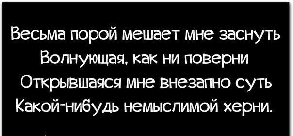 Весьма порой мешает мне заснуть Вопнующая как ни поверни Открывшаяся мне внезапно суть Какой нибудь немыслимой херни