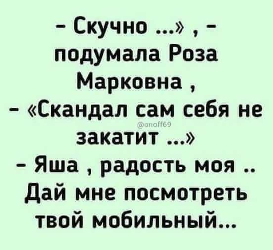 Скучно подумала Роза Марковна Скандал сам себя не закатит Яша радость моя дай мне посмотреть твой мобильный