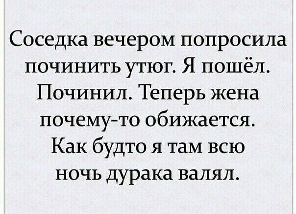 Соседка вечером попросила починить утюг Я пошёл Починил Теперь жена почемуто обижается Как будто я там всю ночь дурака валял