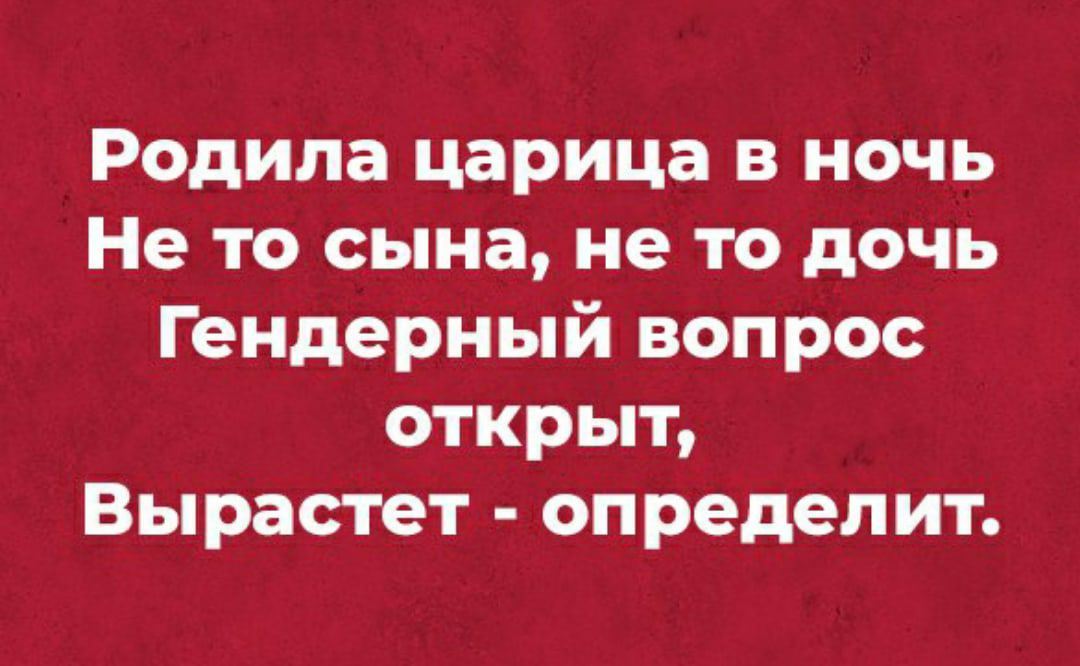 Родила царица в ночь Не то сына не то дочь Гендерный вопрос открыт Вырастет определит